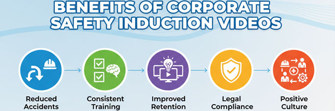 Key benefits of corporate safety induction videos: safety, compliance, efficiency.