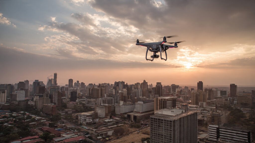 drone capturing aerial video footage over Johannesburg skyline