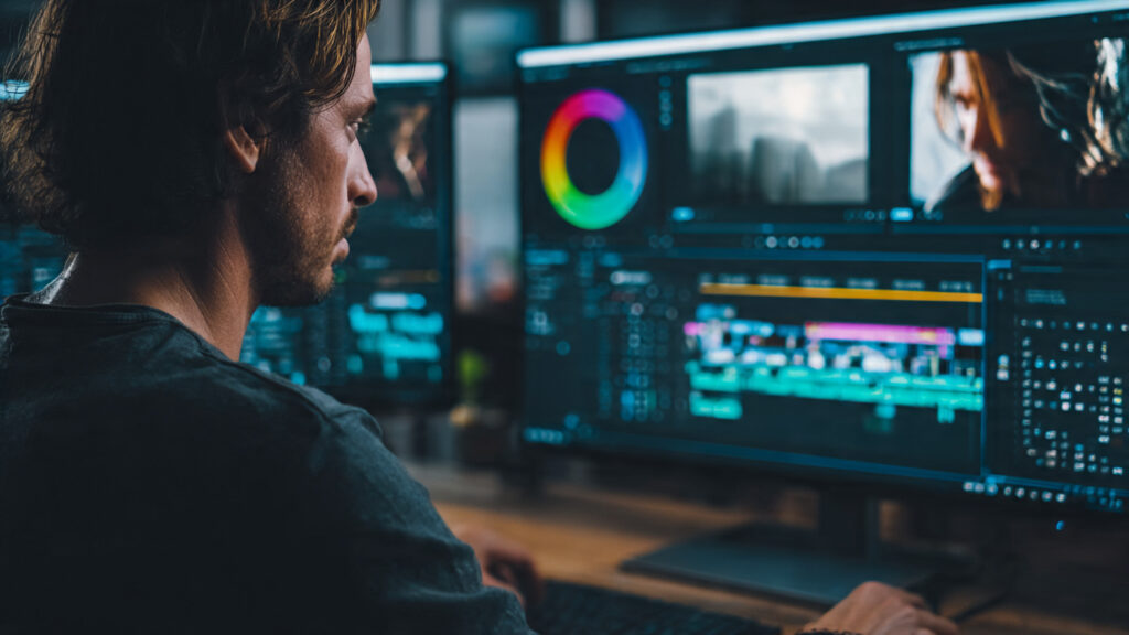 video editor working on marketing video production software